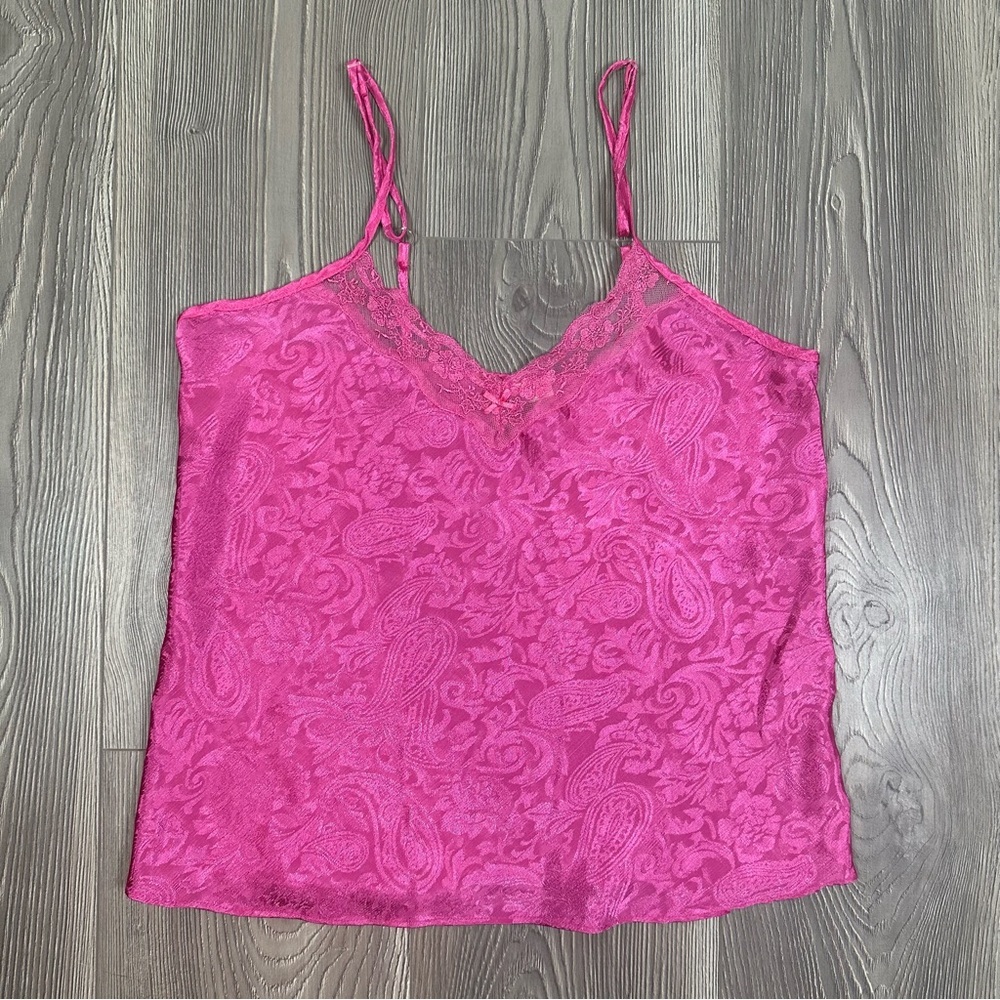 Delicates Pink Satin Paisley Lace Trim Cami‎ Top Adjustable Straps Size S